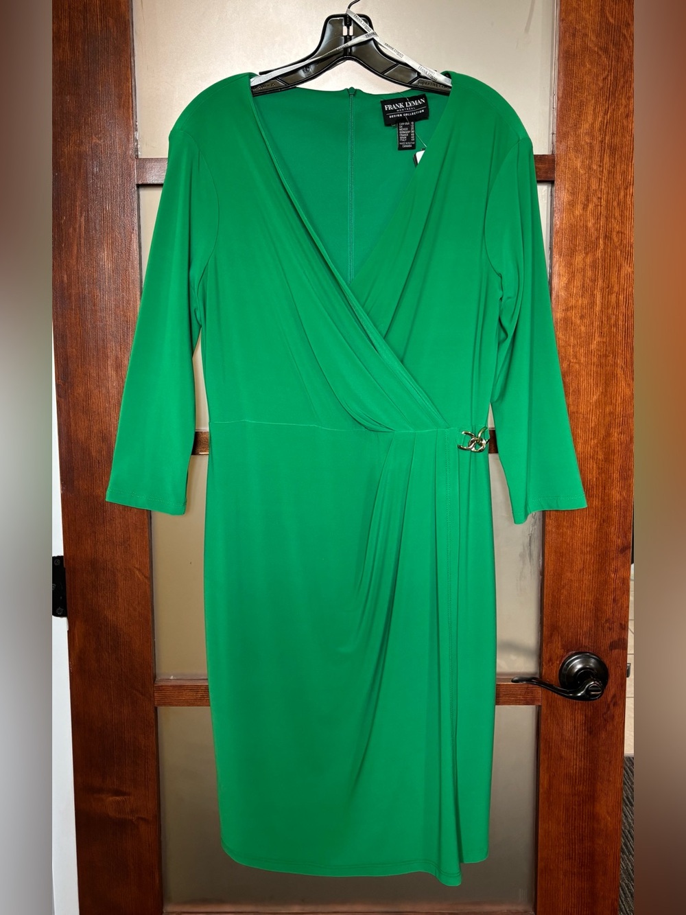 Frank Lyman Design Green Faux Wrap Dress with Side Buckle